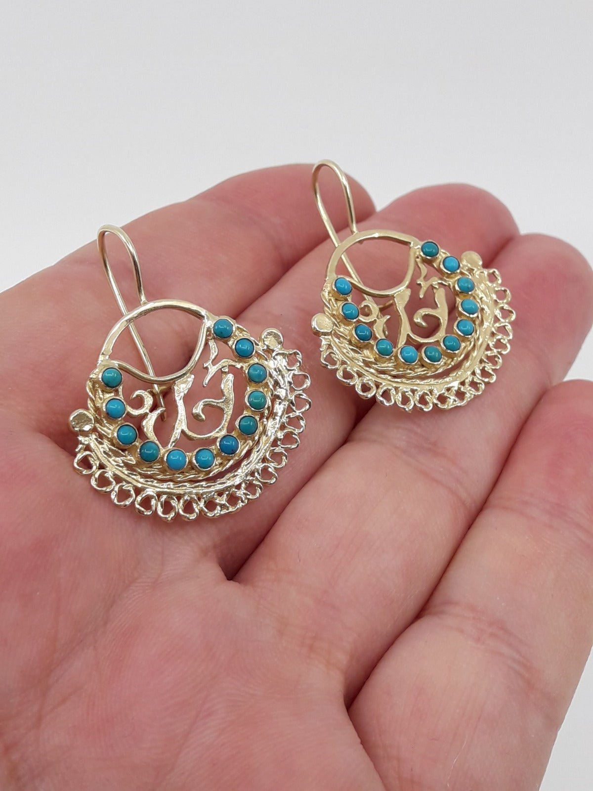 14K Gold Fan Earrings Set with 14 Turquoise Stones
