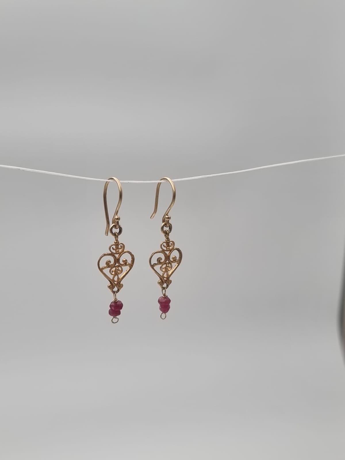 14K Gold Antique-Style Heart Earrings with Ruby Stones