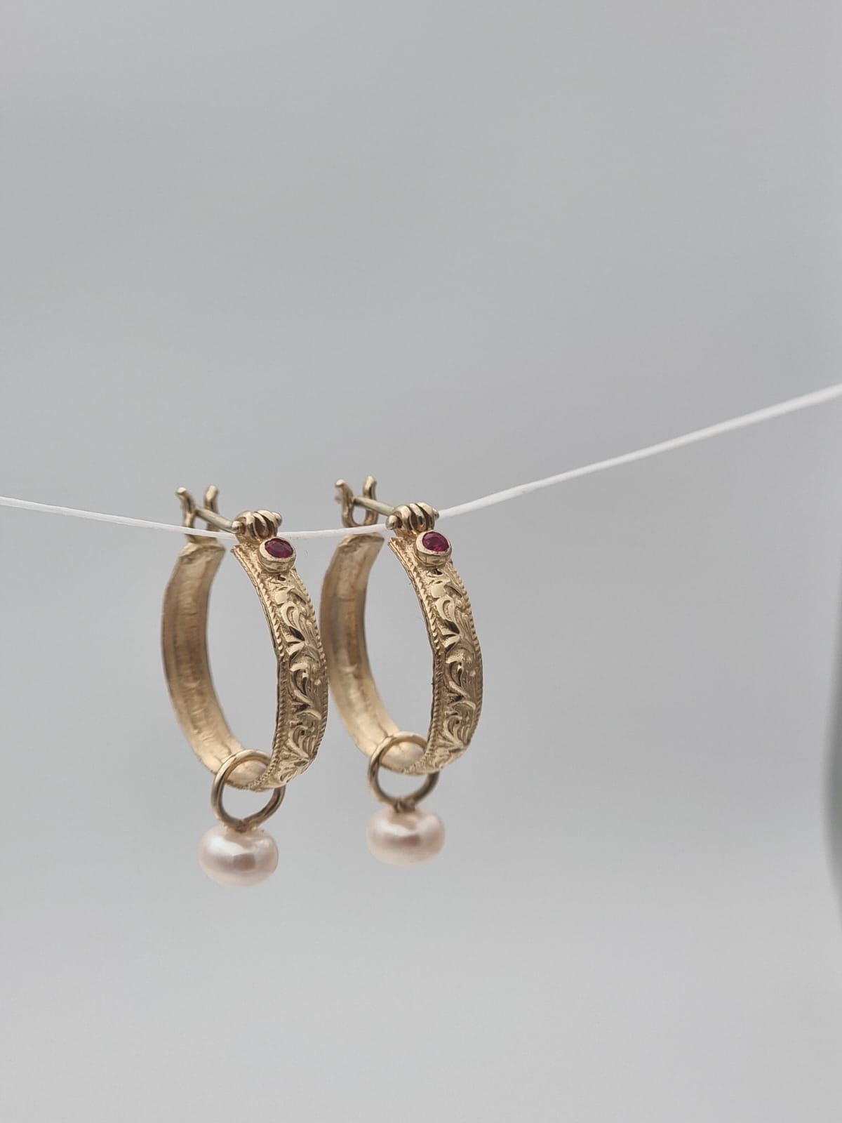 14K Gold Moroccan-Style Hoop Earrings Set with Ruby and Pearl