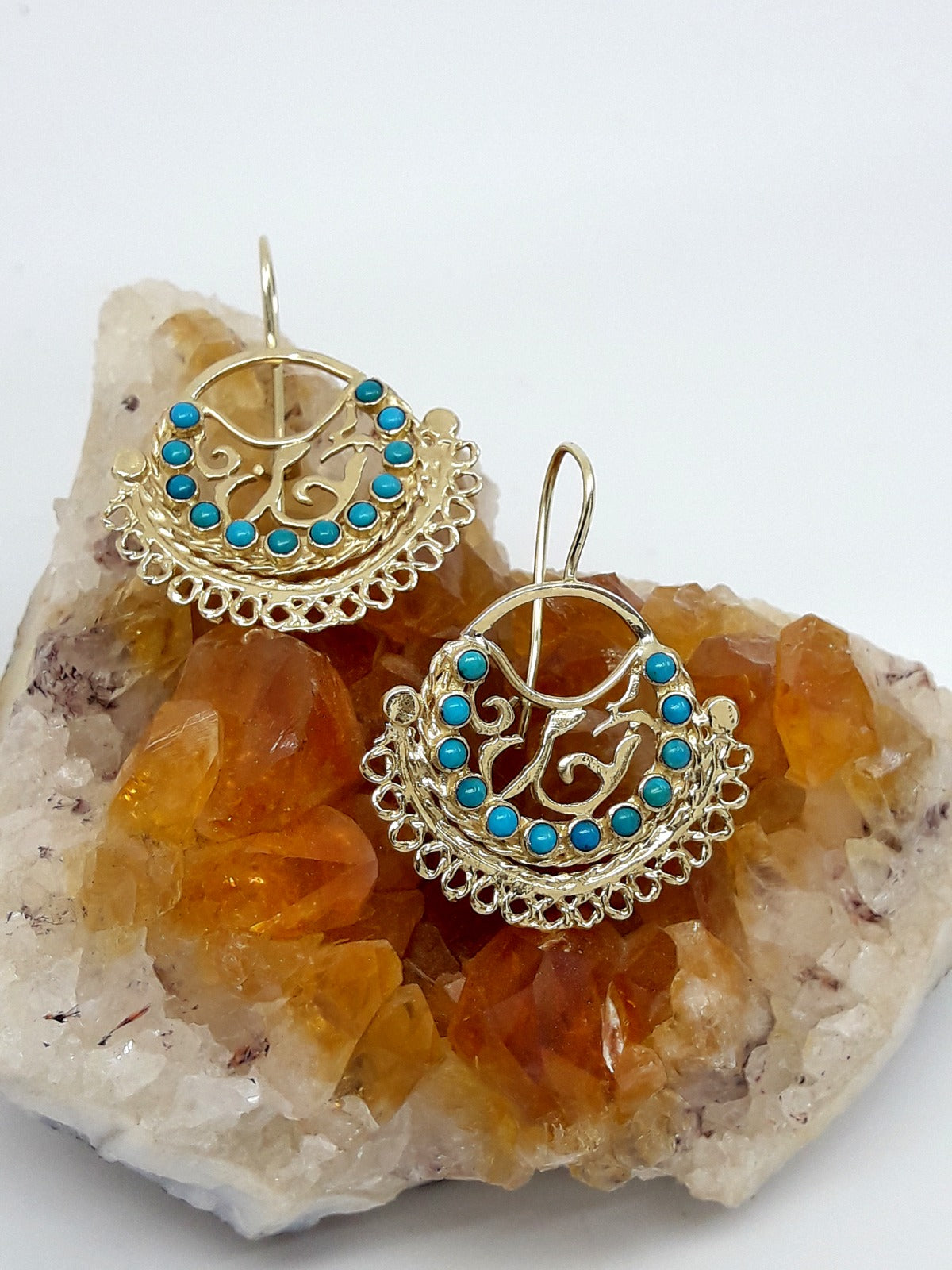 14K Gold Fan Earrings Set with 14 Turquoise Stones