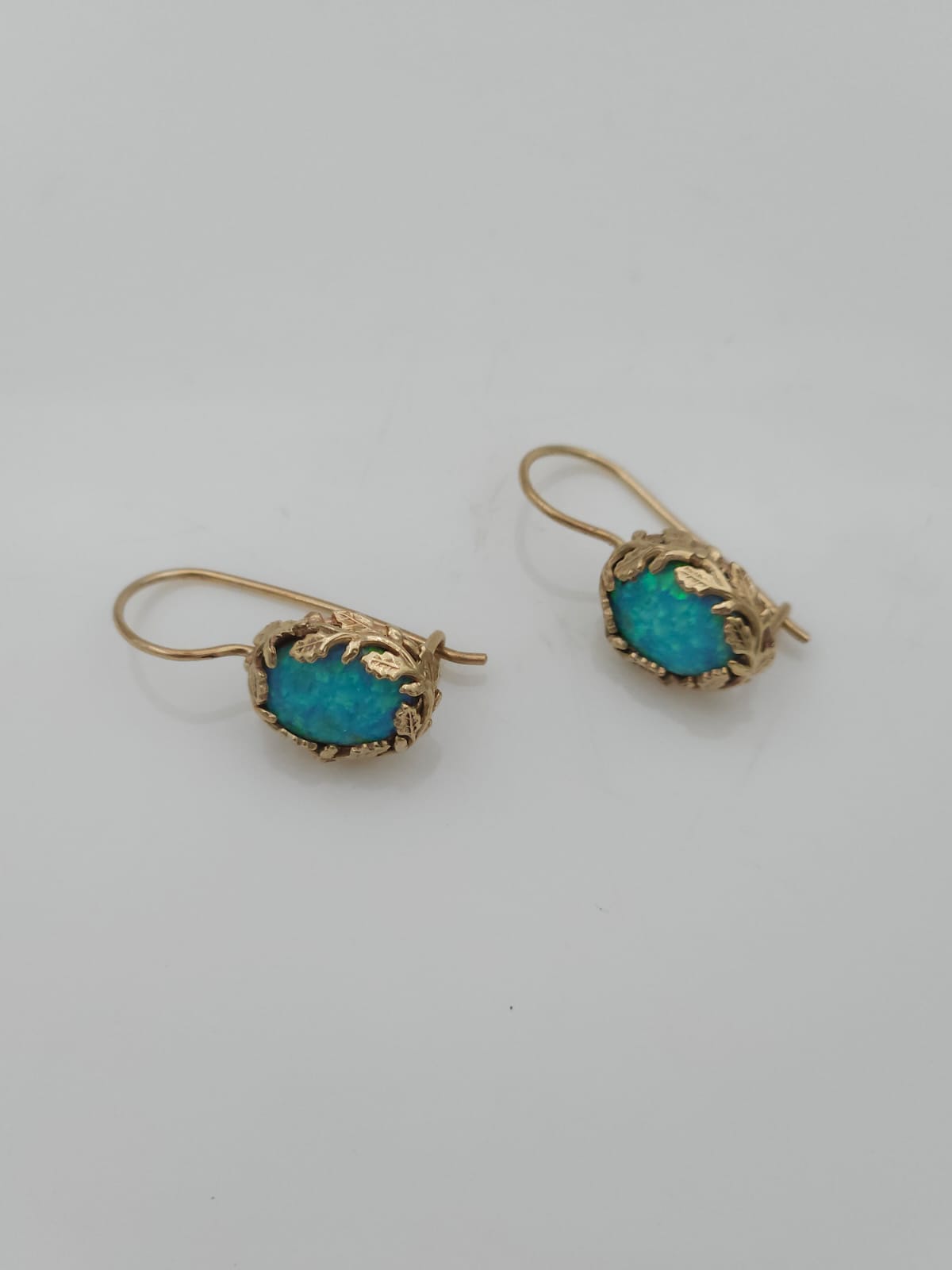 14K Gold Leaf-Adorned Earrings Set with Blue Opal