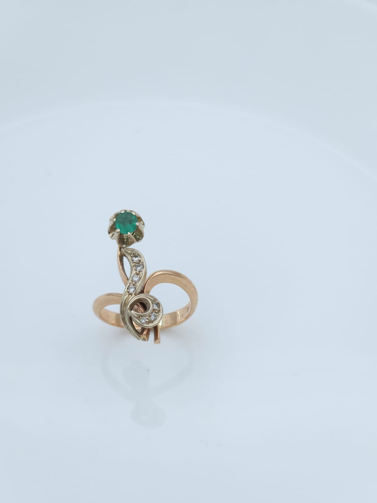 Vintage 14K Rose and White Gold Ring Set with Emerald and Diamonds