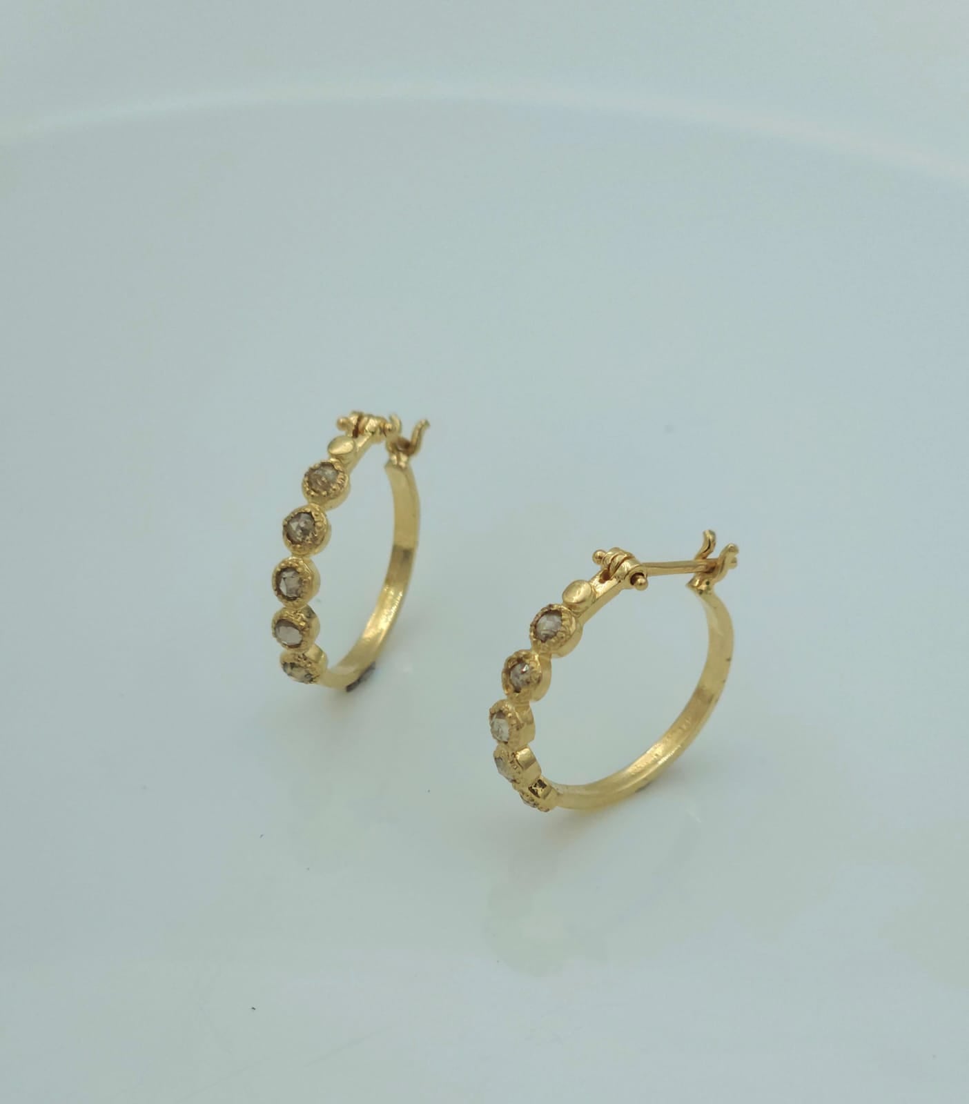 Unique Hoop Earrings, 14K Gold, Set with Antique-Cut Diamonds