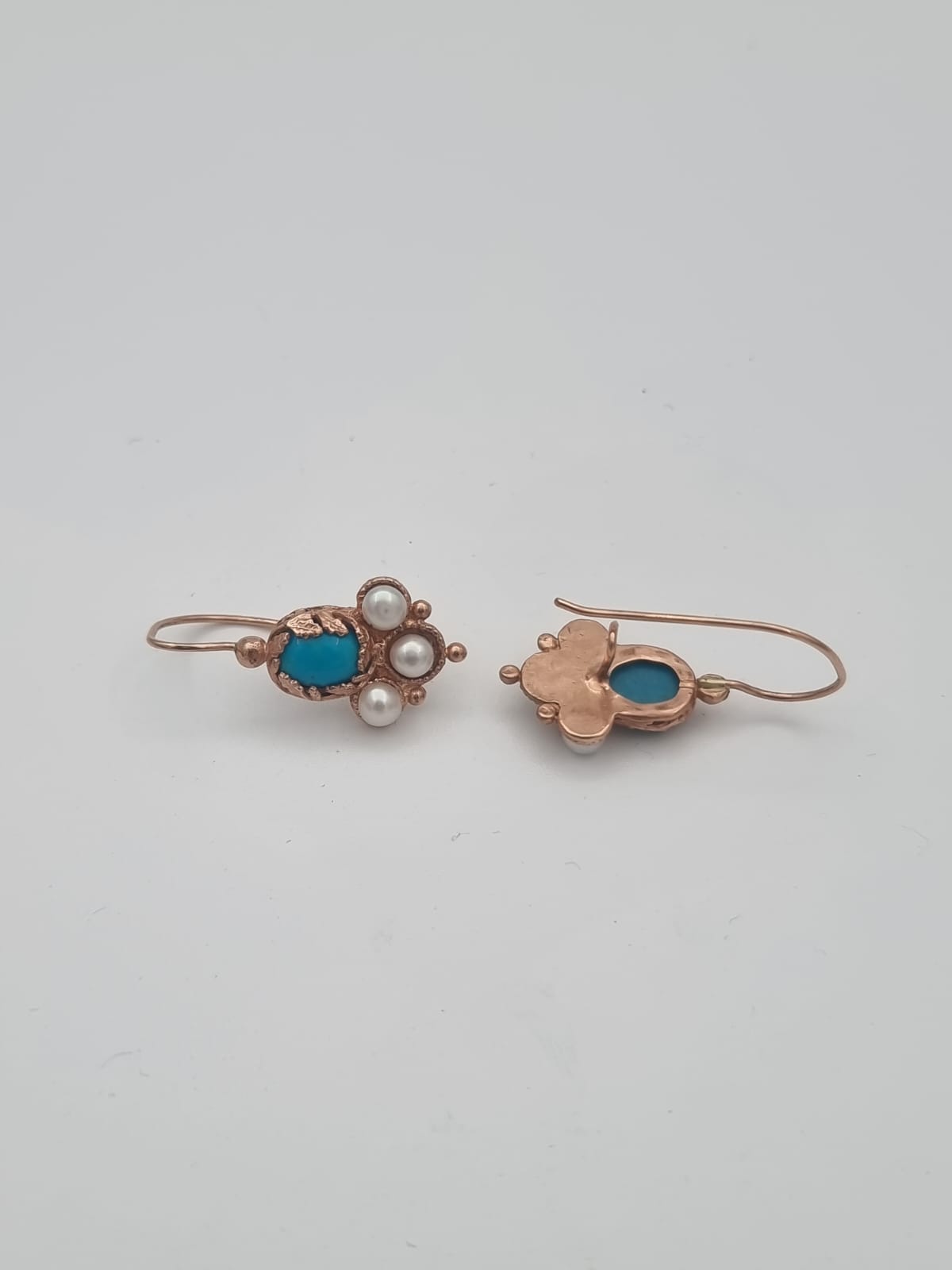 Antique-Style 14K Gold Earrings Set with Turquoise and Pearls