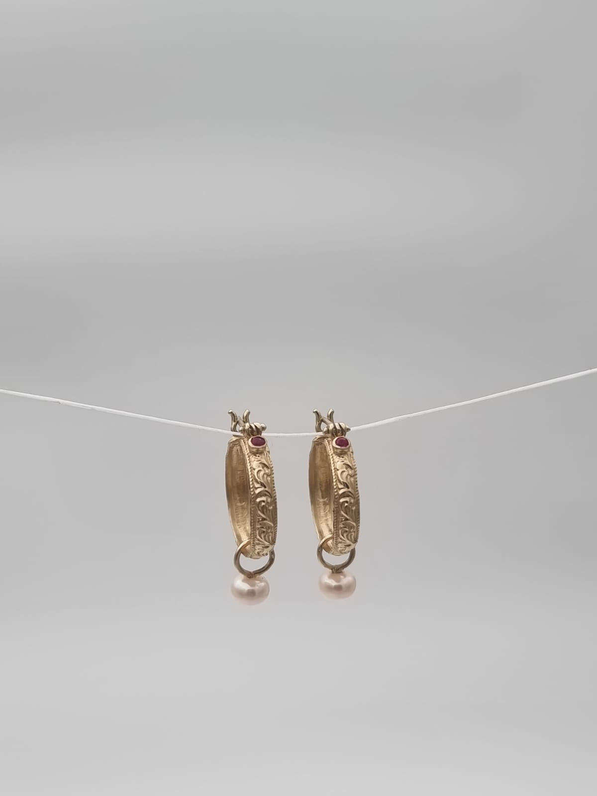 14K Gold Moroccan-Style Hoop Earrings Set with Ruby and Pearl