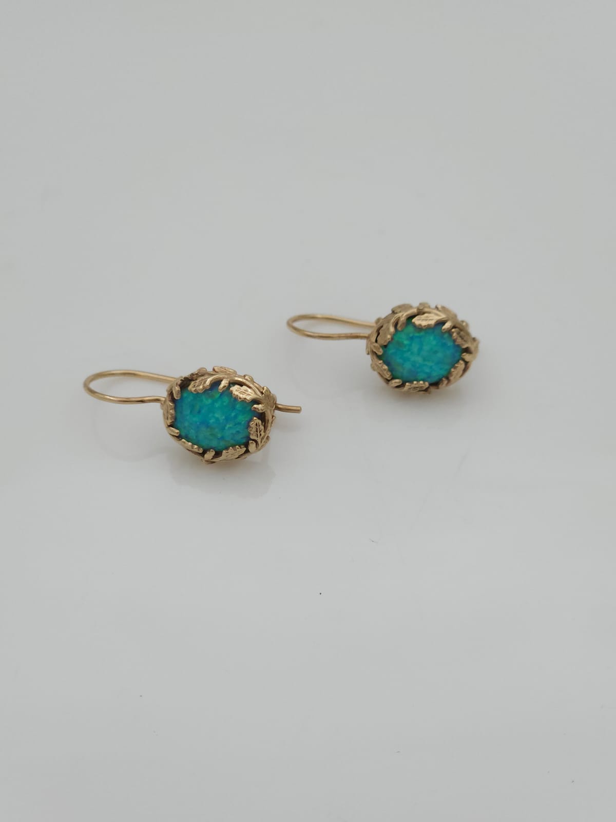 14K Gold Leaf-Adorned Earrings Set with Blue Opal