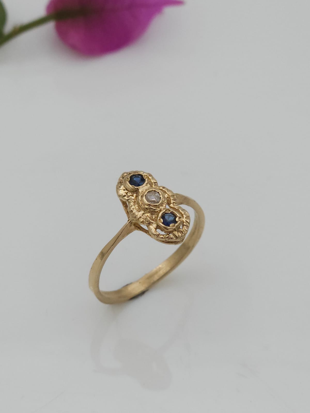 14K Gold Ring Set with Sapphire and Diamonds in an Antique Style