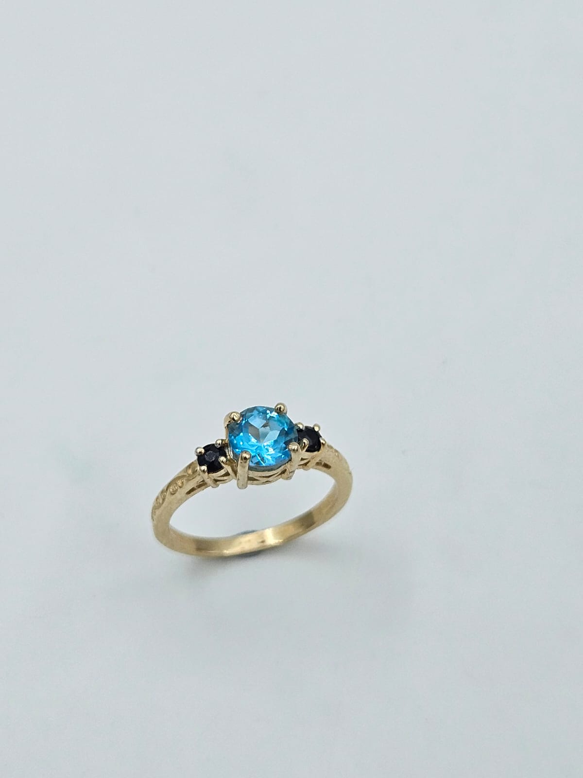 14K Gold Blue Topaz & Black Sapphire Ring