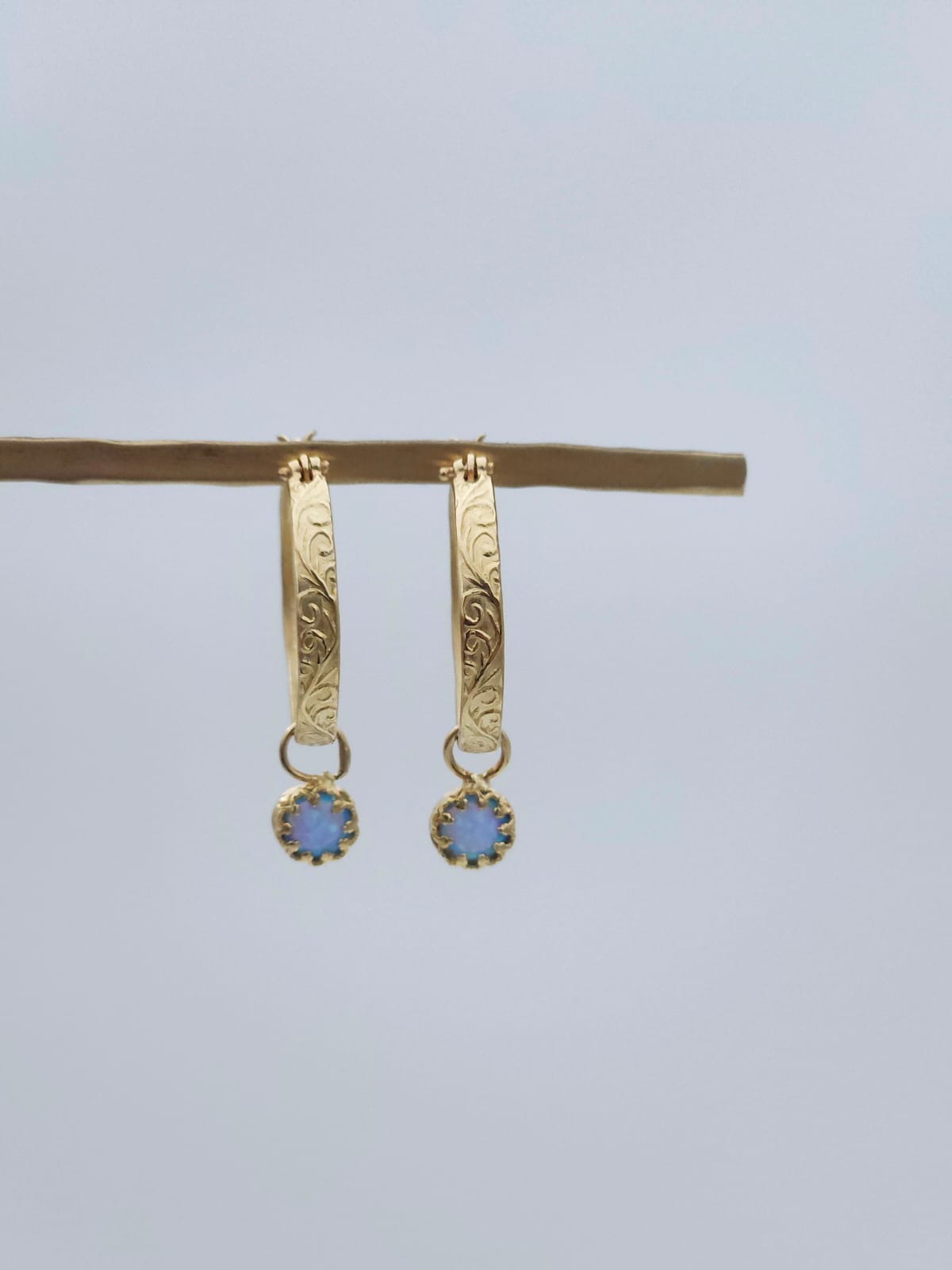 14K Gold Earrings with Blue Opal Stone