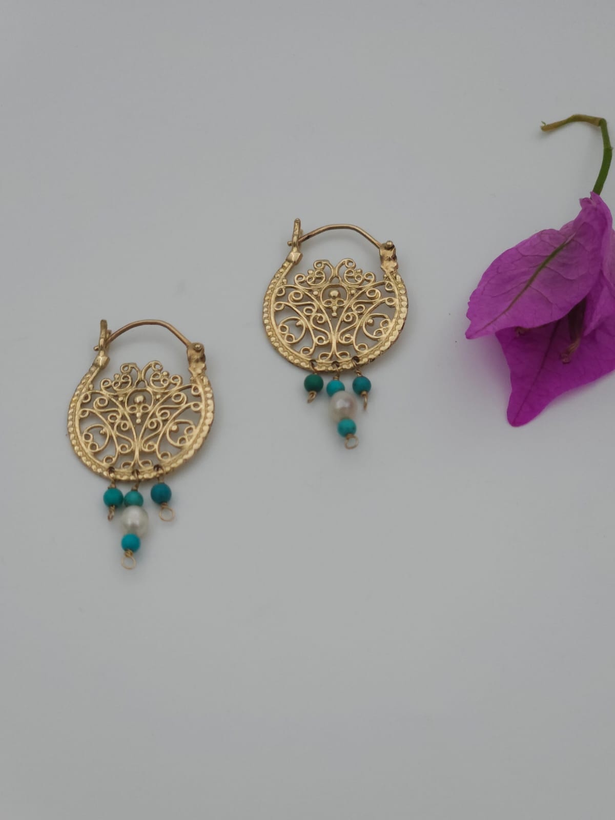 14K Gold Filigree Hoop Earrings with Turquoise Stones and Pearl