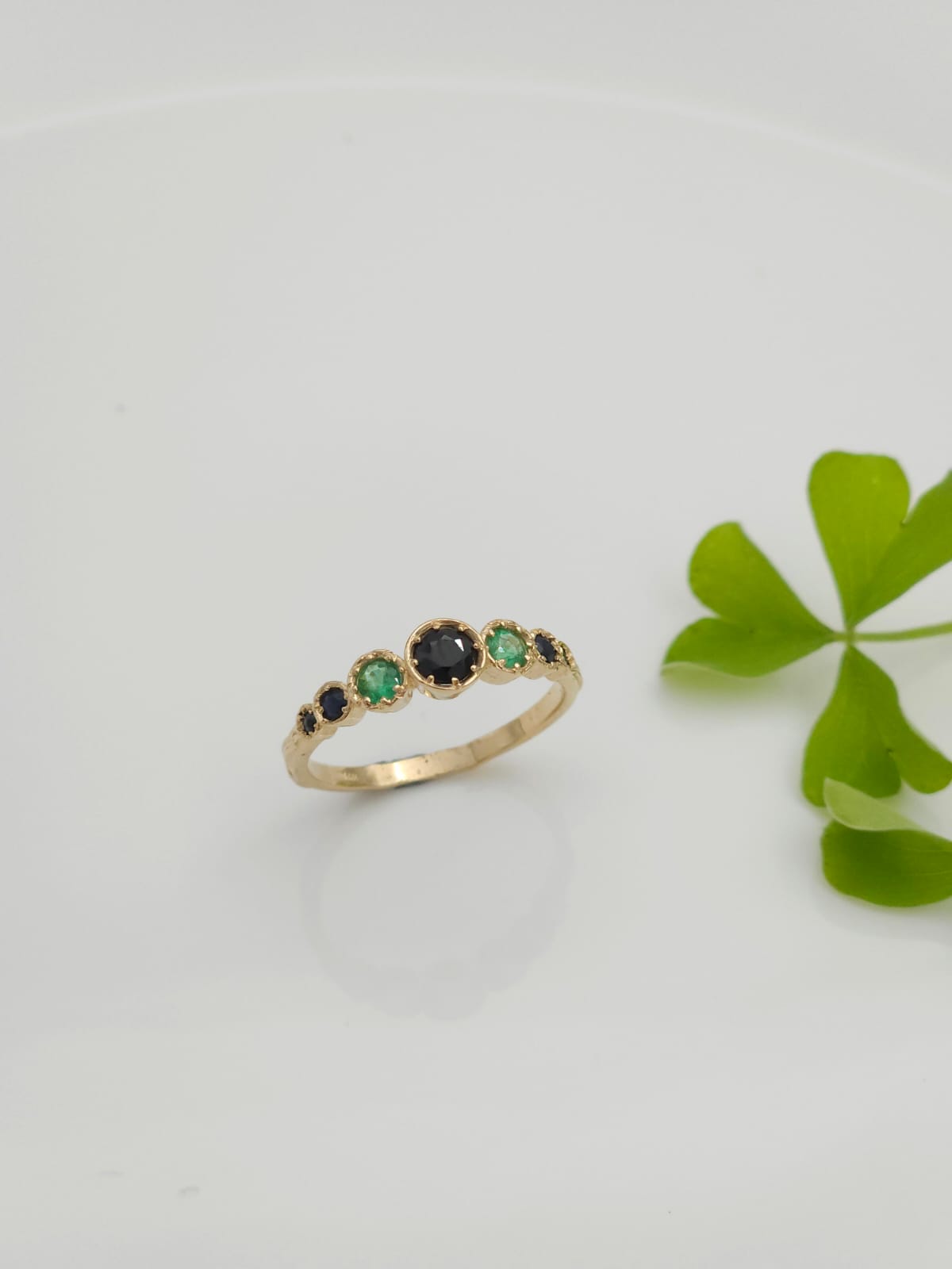 14K Gold Ring Set with Black Diamonds and Emerald