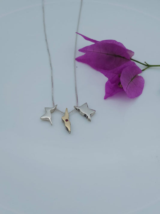 תליון מגן דוד ומפת ישראל שלושה חלקים כסף וזהב משובץ אבן רובי