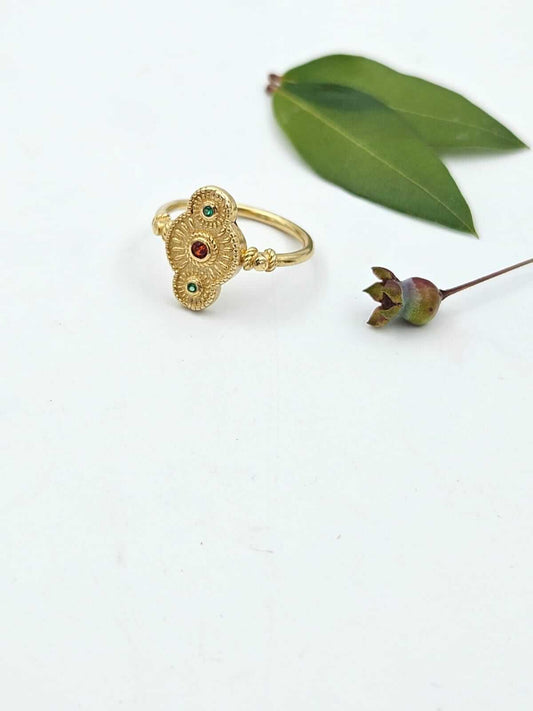 Antique-style 14-karat gold ring set with rubies and emeralds