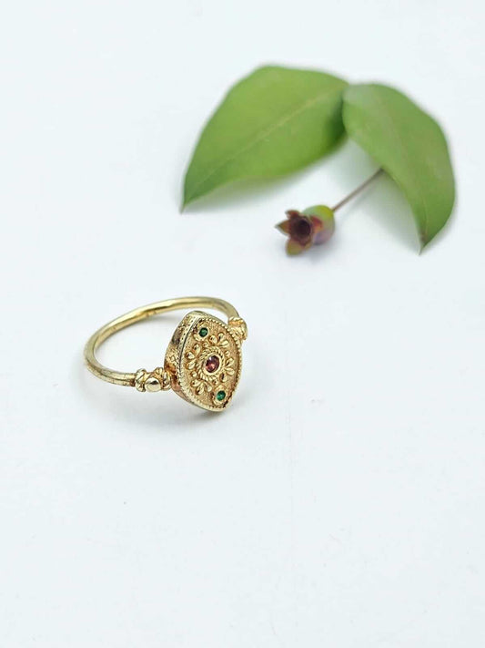 Antique Style 14K Gold Ring with Leaf Motifs, Ruby and Emerald
