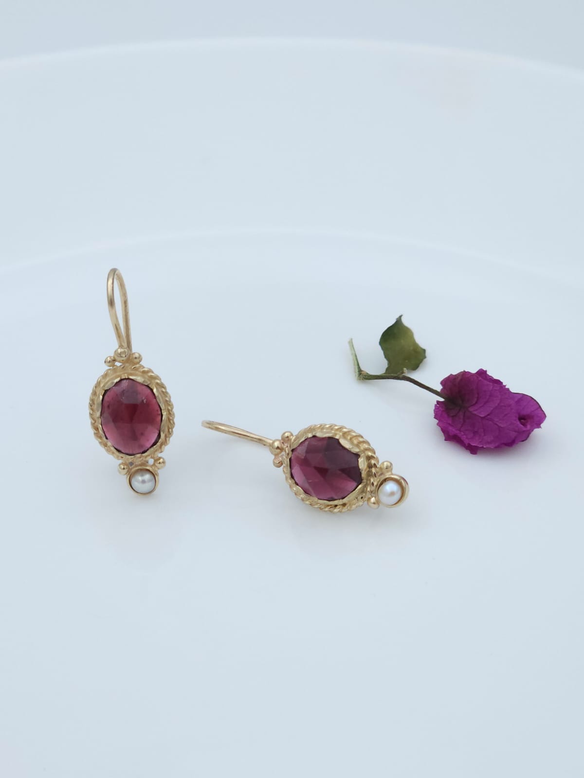 Antique-Style 14K Gold Earrings Set with Garnet and Pearl