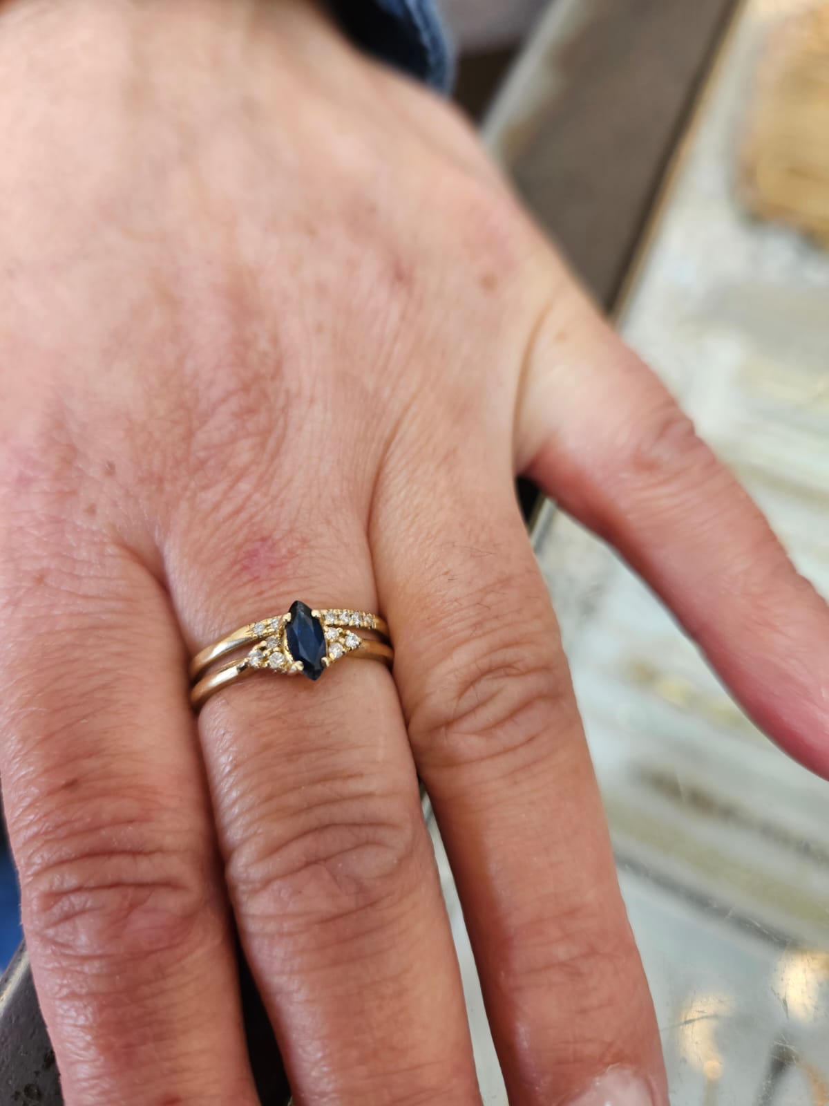 14K Gold Ring Set with Marquise-Cut Sapphire and Diamond