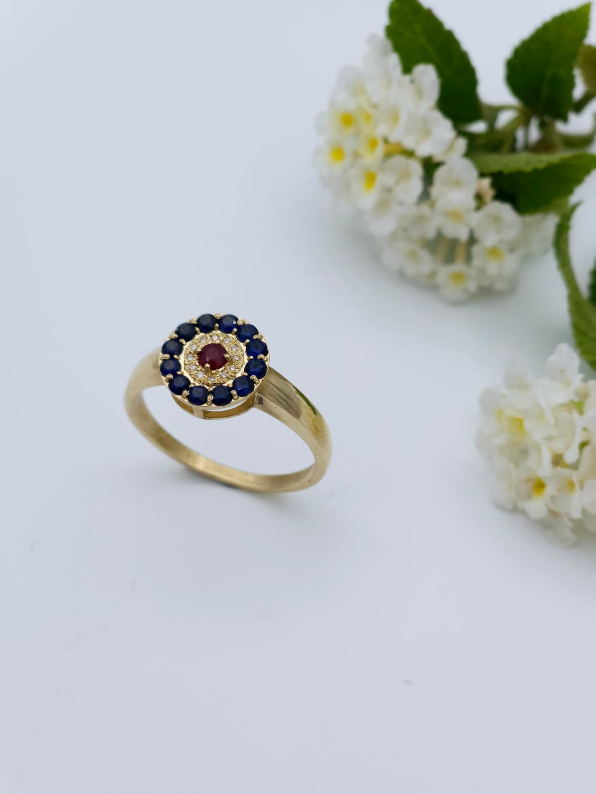 14K Gold Ring Set with Sapphires, Diamonds, and Rubies