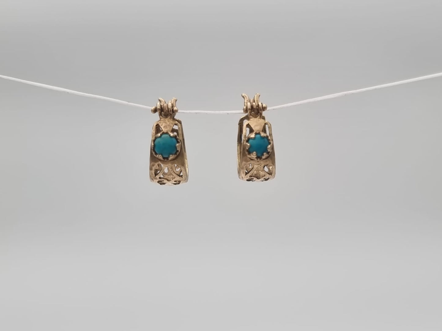 14K Gold Gypsy Earrings Set with Turquoise