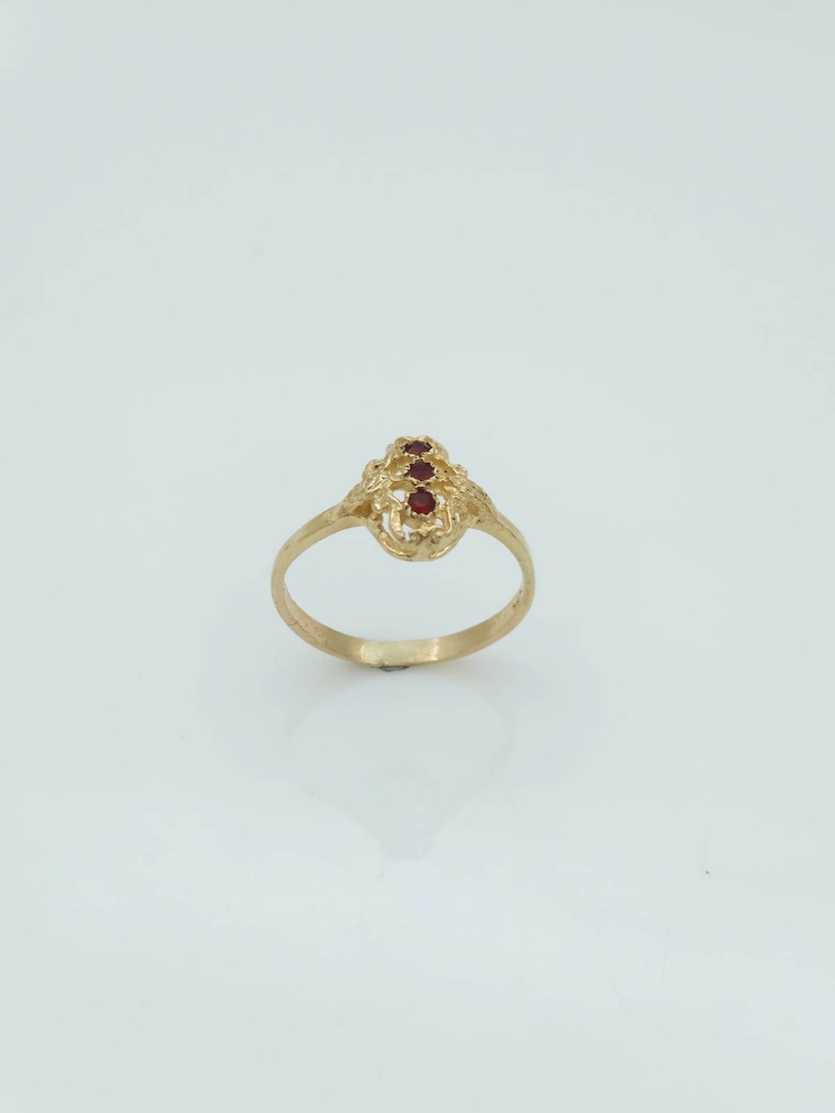 14K Gold Delicate Antique-Style Ring, Set with 3 Garnet Stones