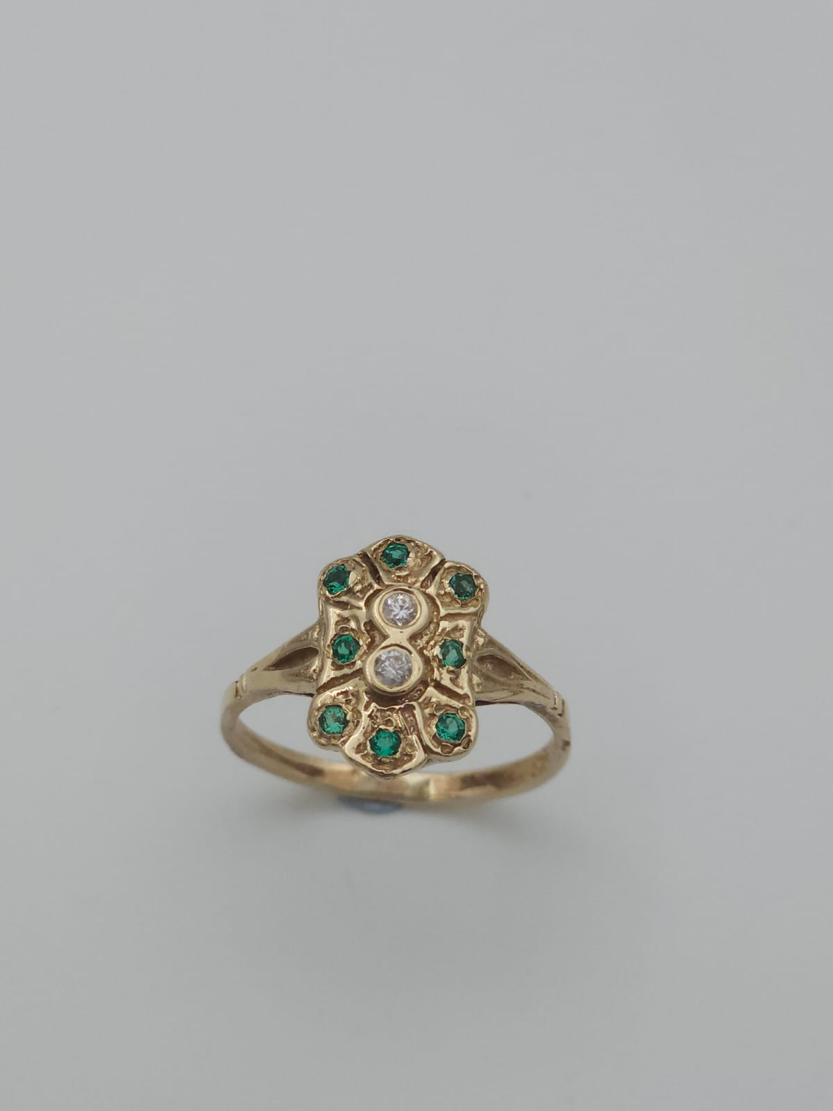 Antique-Style 14K Gold Ring Set with Emerald Stones and Two Diamonds