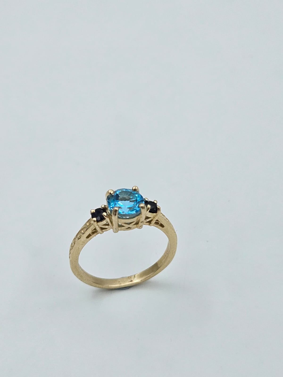 14K Gold Blue Topaz & Black Sapphire Ring