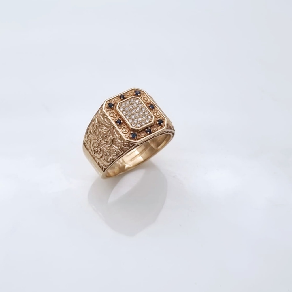 Men's 14K Gold Ring Set with Sapphire and Diamonds