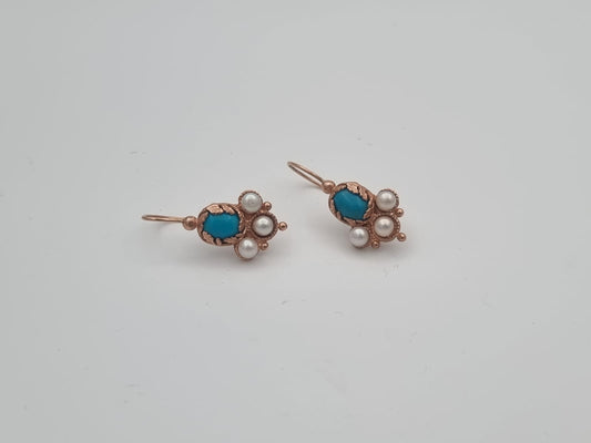 Antique-Style 14K Gold Earrings Set with Turquoise and Pearls