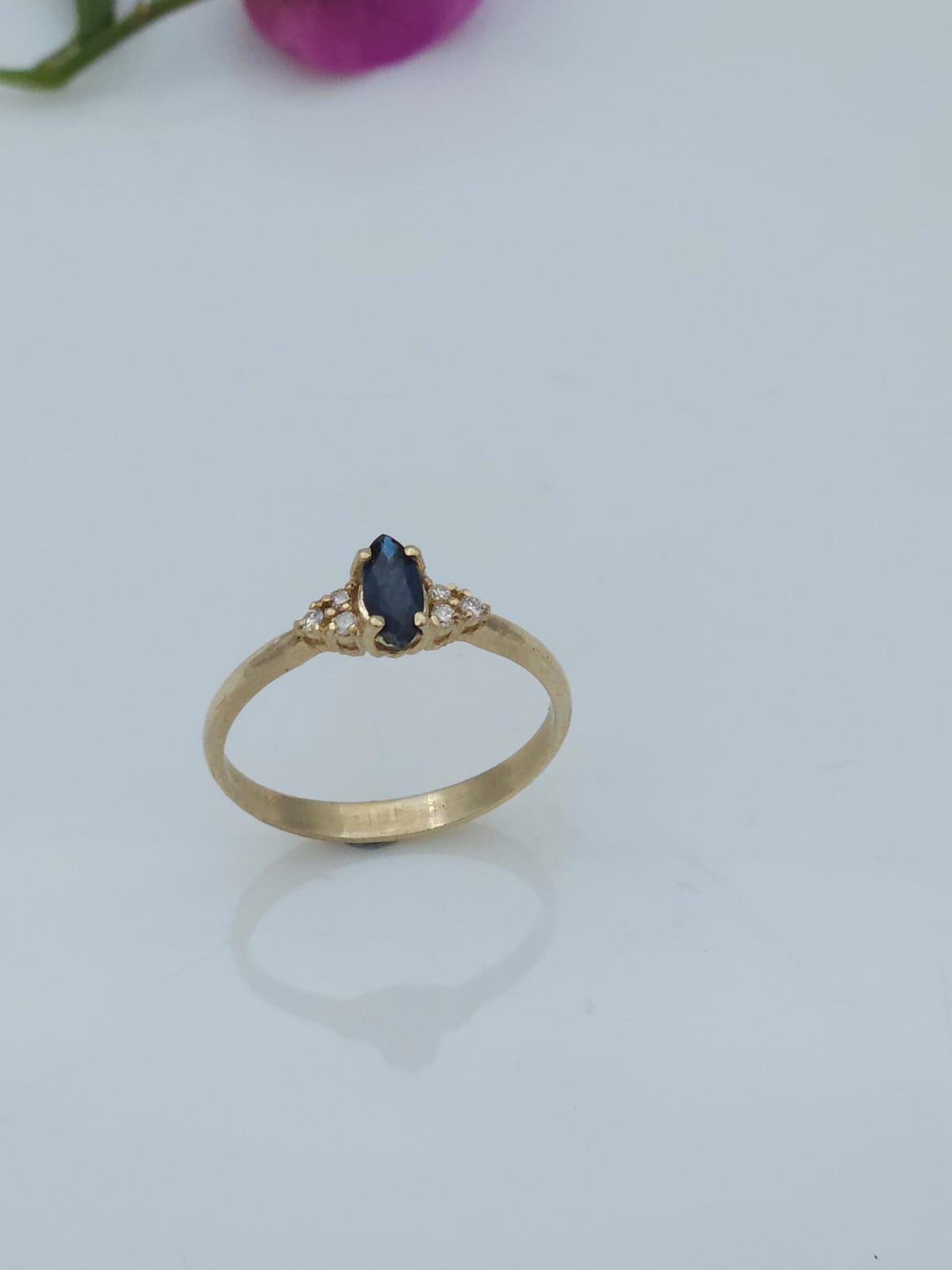 14K Gold Ring Set with Marquise-Cut Sapphire and Diamond