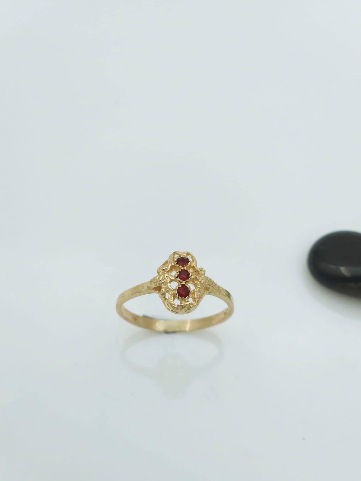 14K Gold Delicate Antique-Style Ring, Set with 3 Garnet Stones