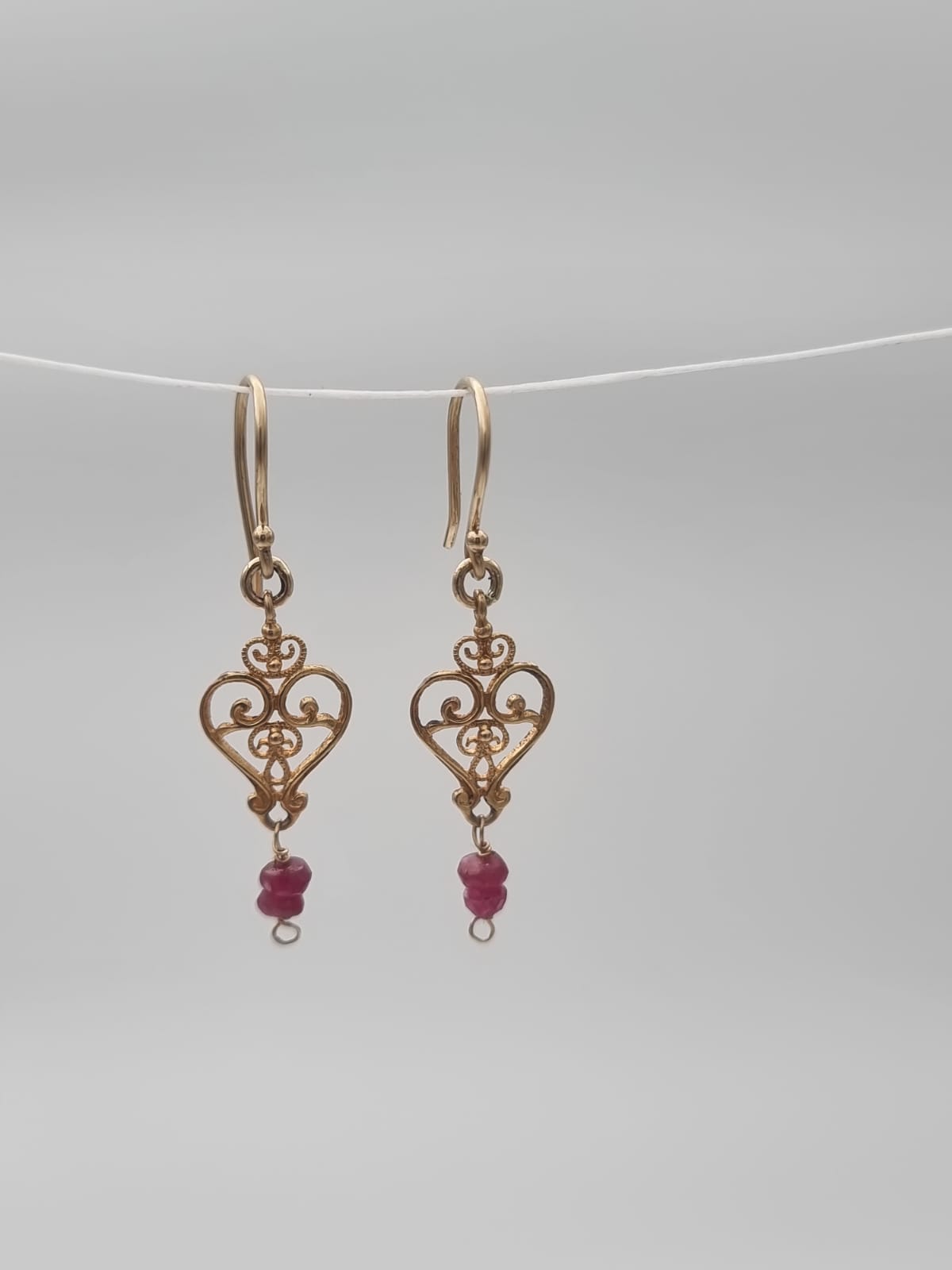 14K Gold Antique-Style Heart Earrings with Ruby Stones