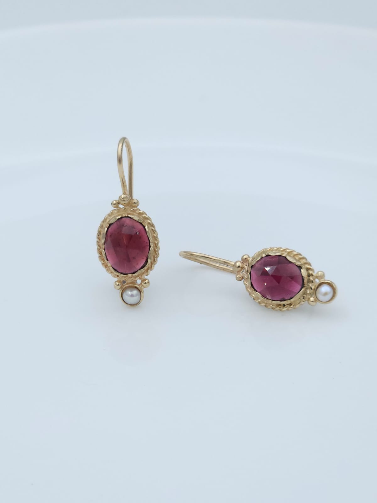 Antique-Style 14K Gold Earrings Set with Garnet and Pearl
