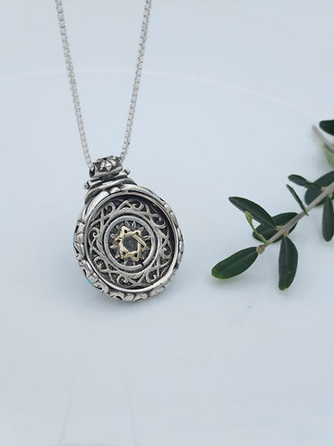 Spinning Pendant – Tree of Life & Star of David in Gold with Turquoise Stones