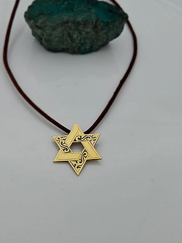 14K Gold Star of David with Leather Chain