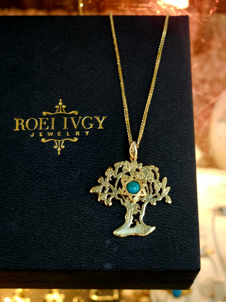 Tree of Life and Star of David 14K Gold with Turquoise Stone