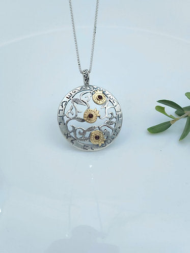 Silver and 14K Gold Pomegranate Pendant with Garnet Stones