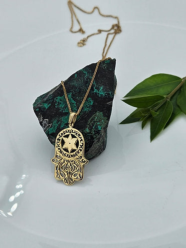 Hamsa and Star of David Pendant with Ornaments in 14K Gold