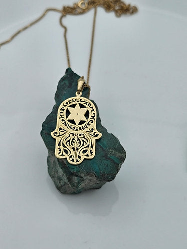 Hamsa and Star of David Pendant with Ornaments in 14K Gold