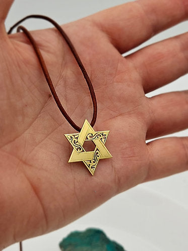 14K Gold Star of David with Leather Chain