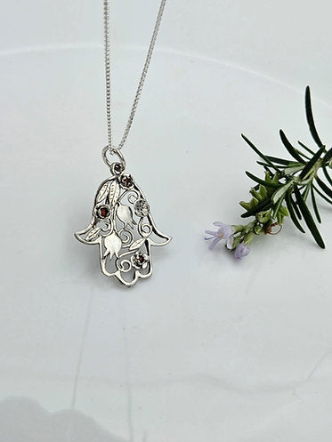 Silver Pomegranate Hamsa Set with Garnet Stones