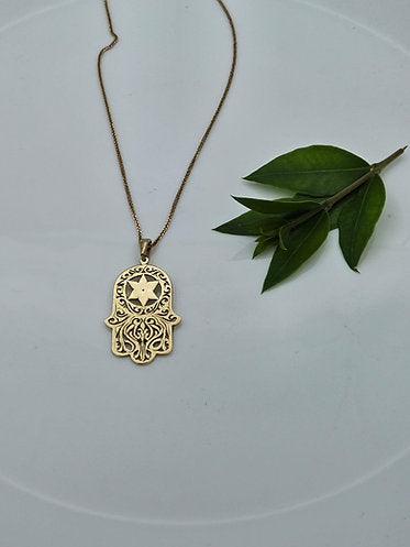 Hamsa and Star of David Pendant with Ornaments in 14K Gold