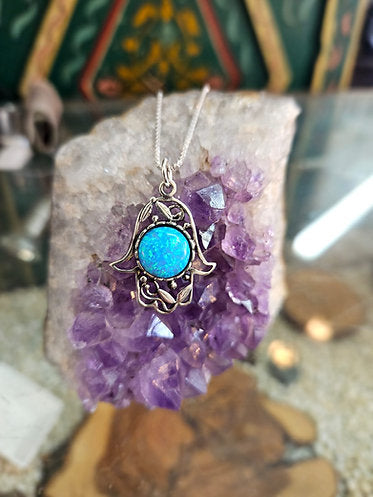 Silver Hamsa Pendant with Opal and Leaf Motif
