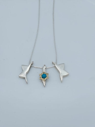 Star of David and Israel Map Pendant in Sterling Silver and 14K Gold with Turquoise Stone