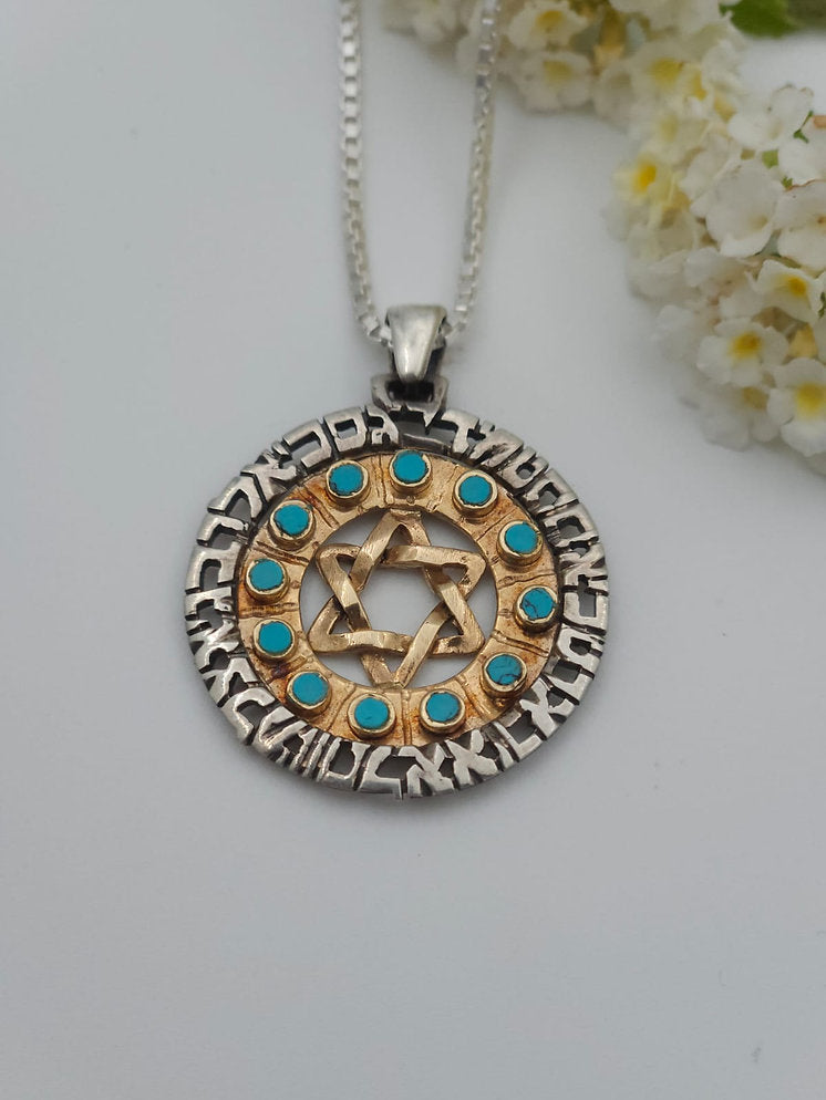 14K Gold & Silver Pendant Set with 12 Turquoise Stones