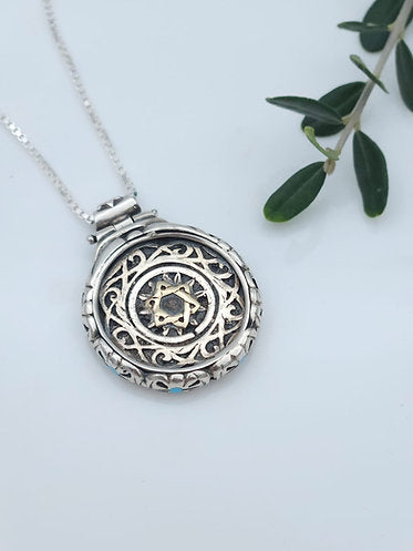 Spinning Pendant – Tree of Life & Star of David in Gold with Turquoise Stones