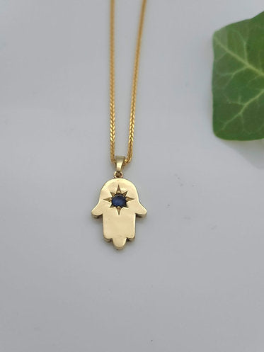 Gold Hamsa Pendant with Blue Sapphire