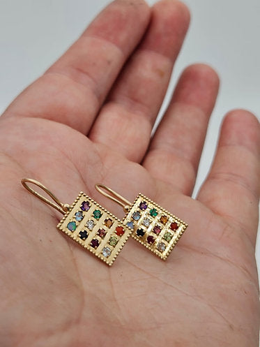 14K Gold Hoshen Breastplate Earring with Natural Gemstones and Diamond