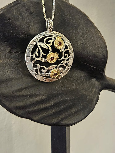 Silver and 14K Gold Pomegranate Pendant with Garnet Stones