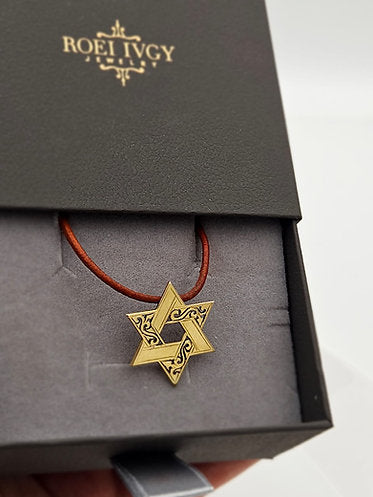 14K Gold Star of David with Leather Chain