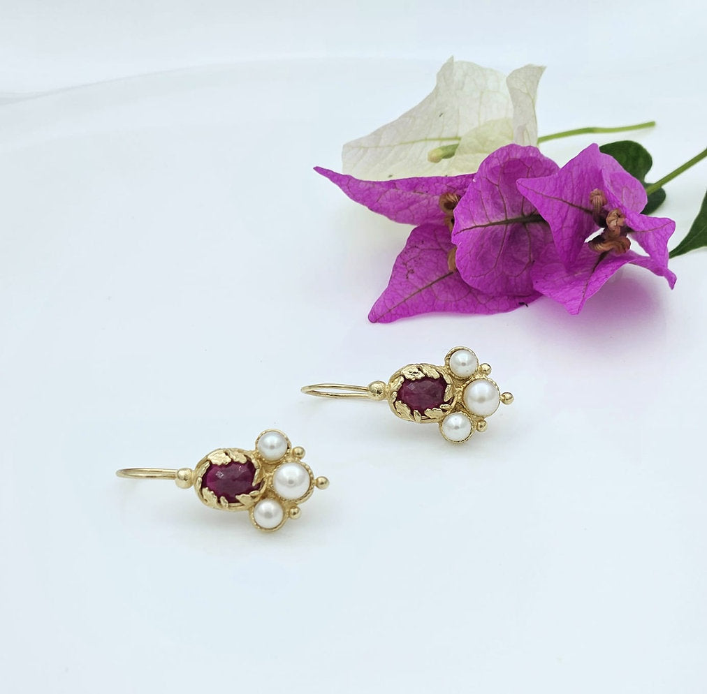 14K Gold Earrings with Ruby and Pearls