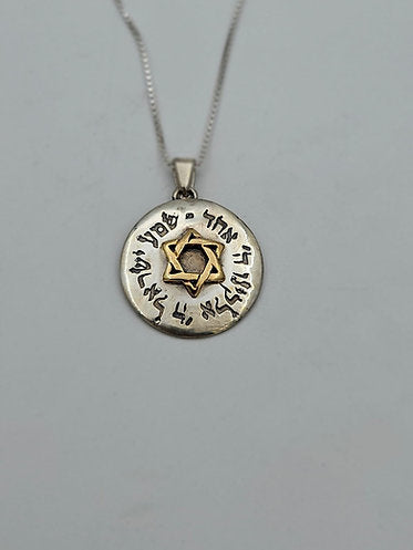 Star of David in Silver and 14K Gold with the Verse "Shema Yisrael"